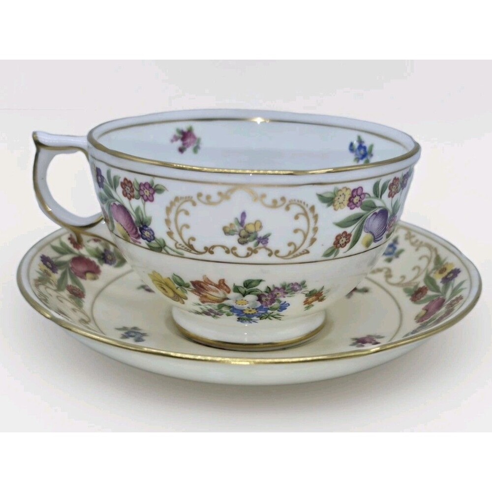 Hammersley Dresden Sprays Bone China Teacup Saucer Set Floral Gold Rim England